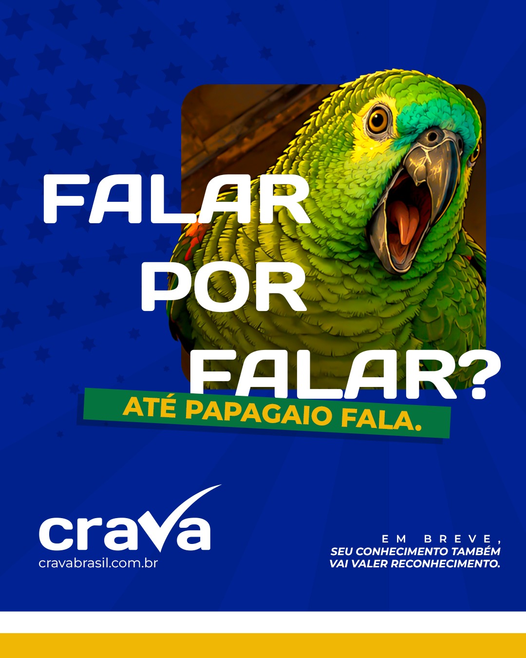 Cartaz da Crava Brasil: papagaio verde de bico aberto com o texto “Falar por falar? Até papagaio fala.” e a mensagem “Em breve, seu conhecimento também vai valer reconhecimento.” cravabrasil.com.br